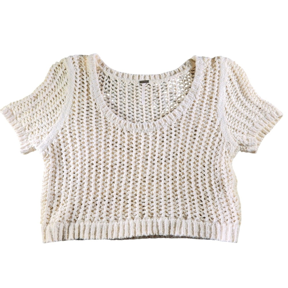 277 | Free People Open Knit Sweater Crop Top Cream Boho Short Sleeve Women Small